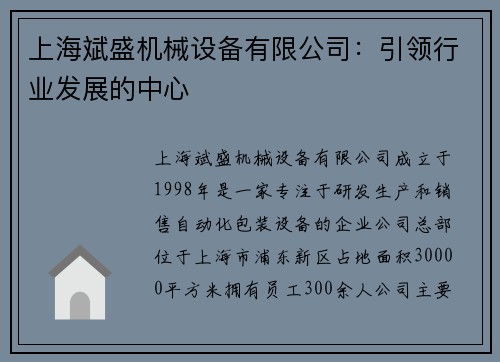 上海斌盛机械设备有限公司：引领行业发展的中心